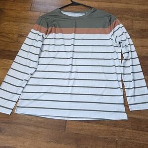 Woman's Striped Long Sleeve Shirt - Olive, White, and Tan
